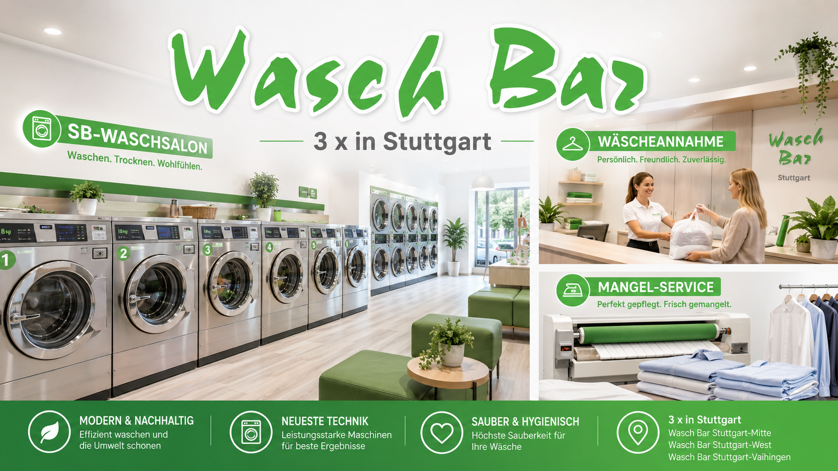 Moderner Waschsalon der Wasch Bar Stuttgart mit SB-Waschsalon, Wäscheannahme und Mangel-Service